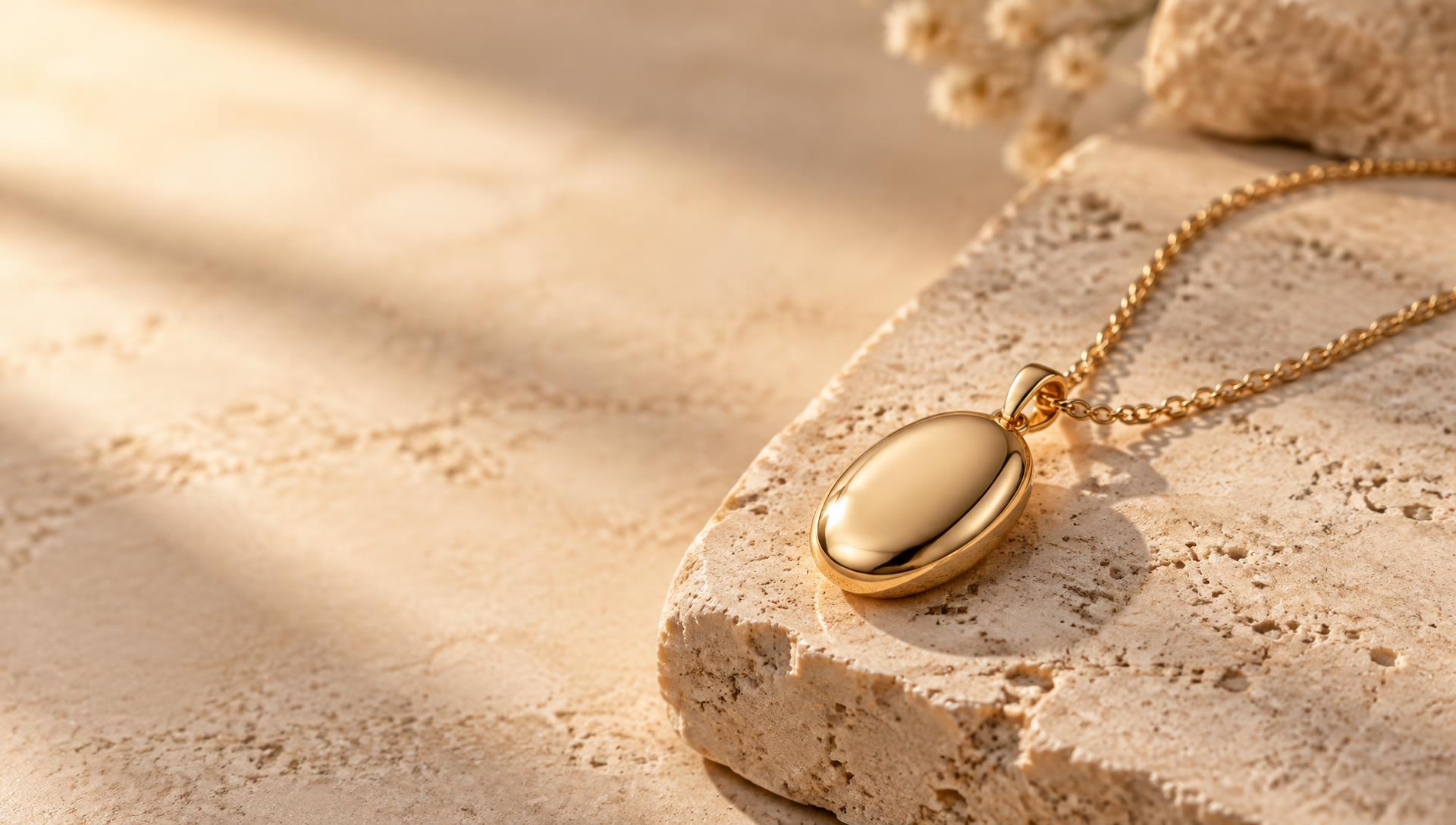 Polished oval gold ingot pendant on warm beige stone