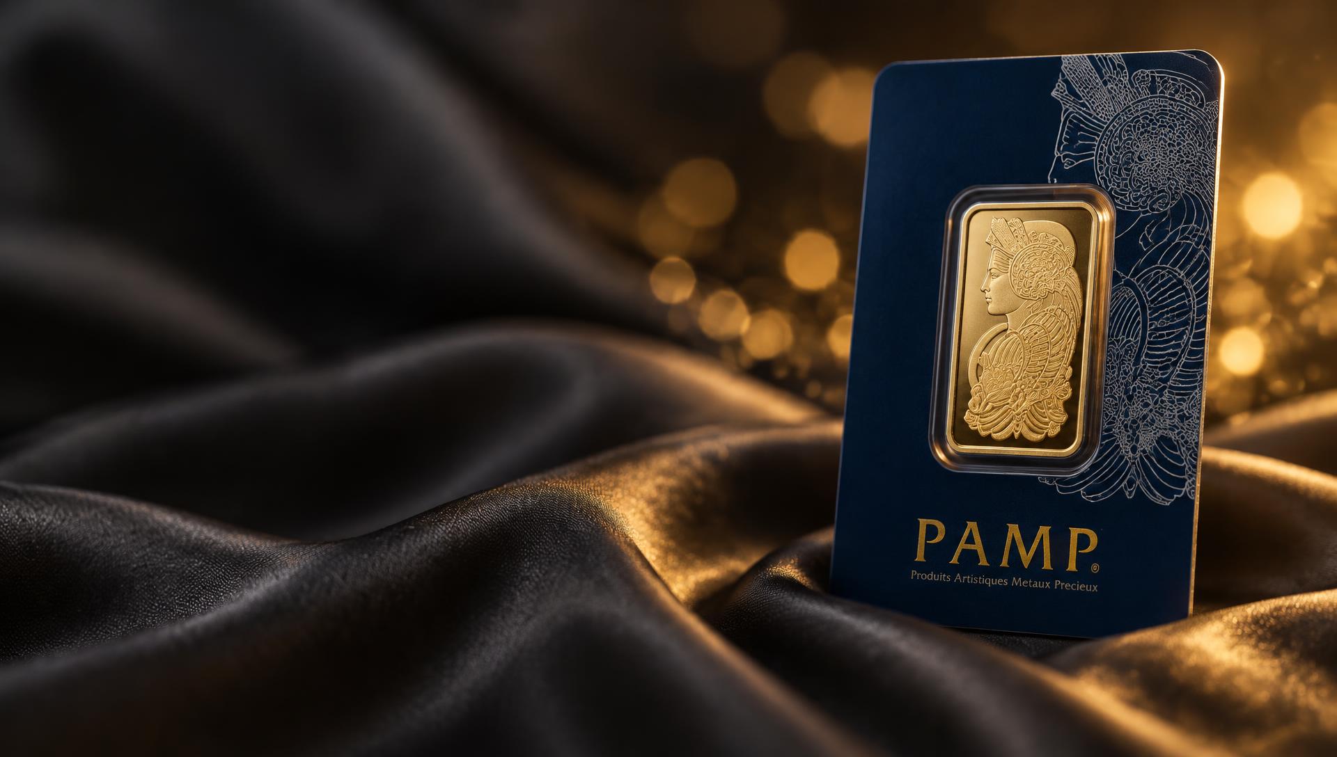 PAMP Suisse Lady Fortuna gold bar in its sealed navy assay card on dark silk