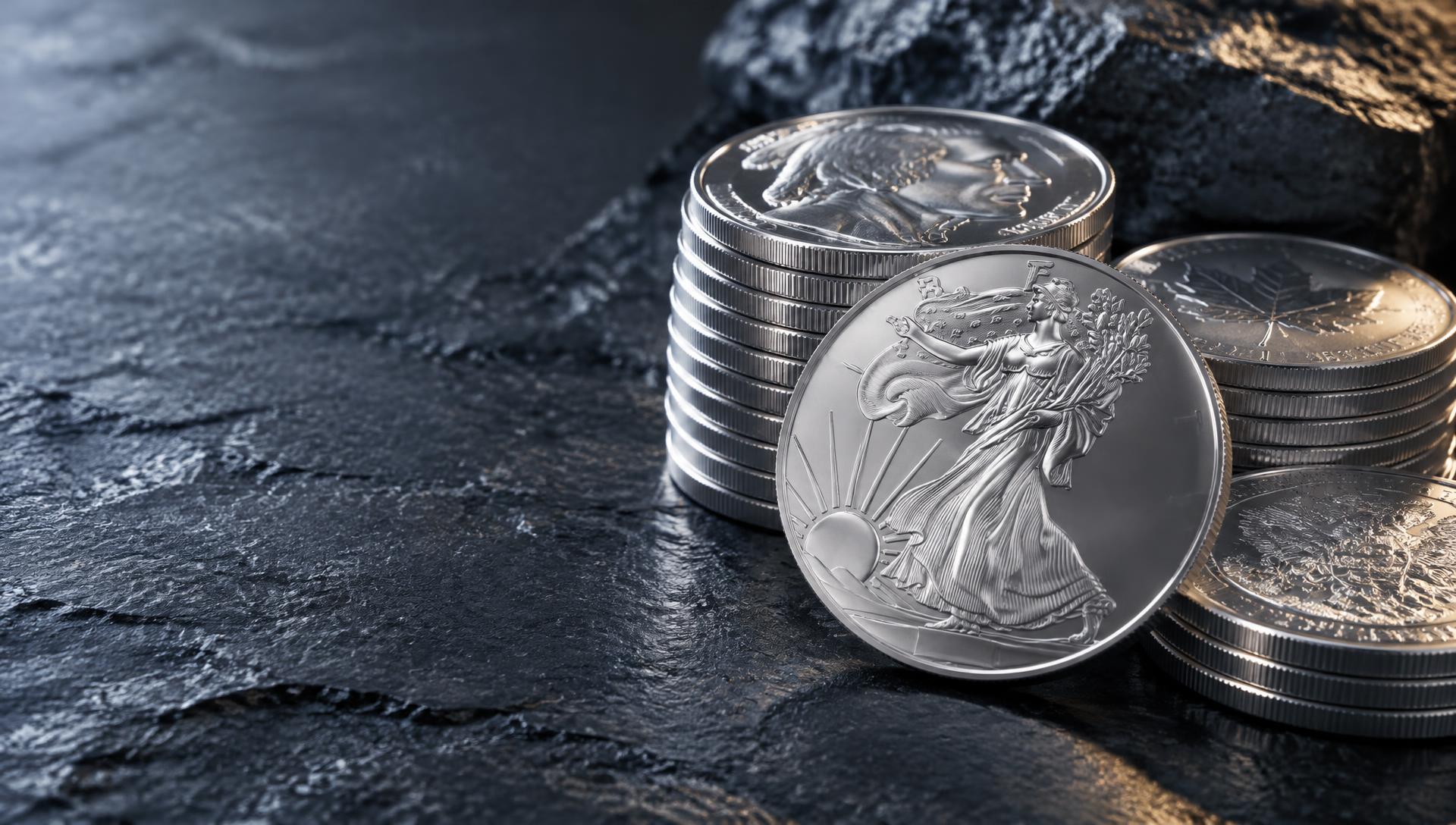 999 fine silver coins stacked on dark slate stone