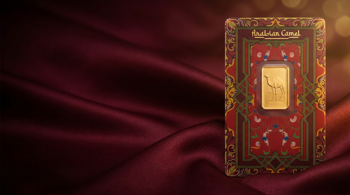 PAMP Arabian Camel 5g gold bar sealed in its assay card on burgundy satin