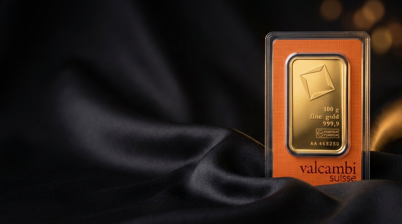 Valcambi Suisse 100g gold bar sealed in its assay card on dark silk