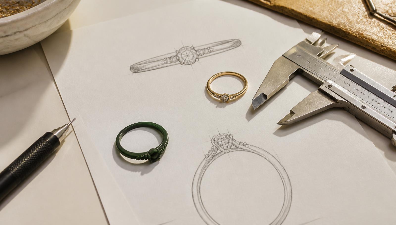 Hand-drawn jewellery sketches with a finished delicate gold ring and calipers
