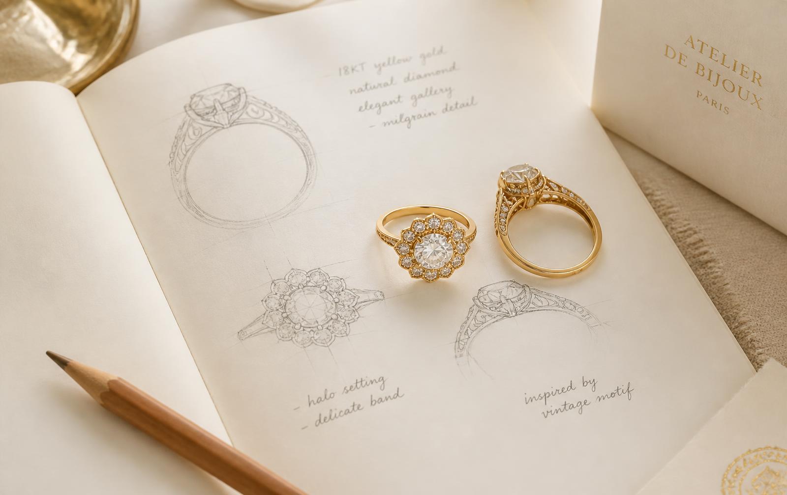Custom ring designs sketched in a jeweller's notebook beside the finished gold rings