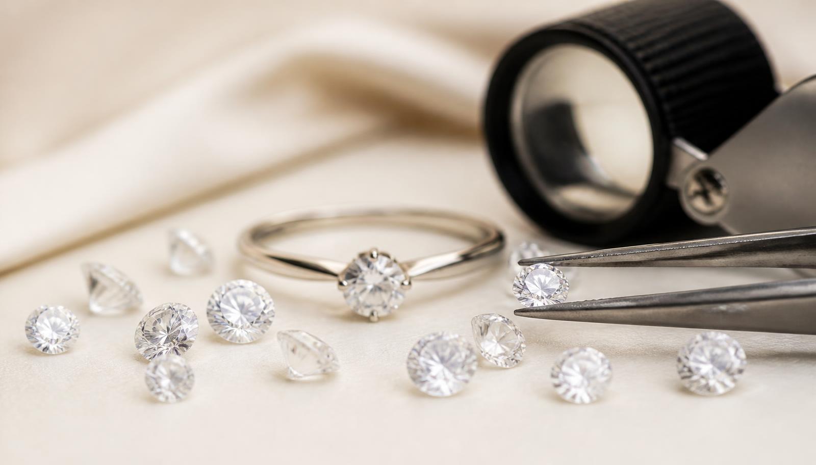 Loose brilliant-cut diamonds and a delicate solitaire ring with a loupe