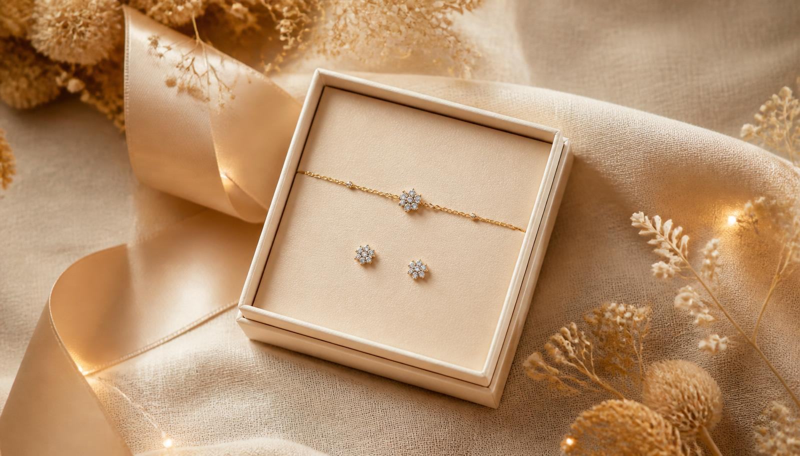 Ivory gift box with a fine gold bracelet and diamond stud earrings