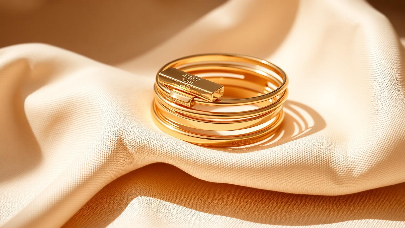 Gold bangles and a gold bar resting on ivory linen