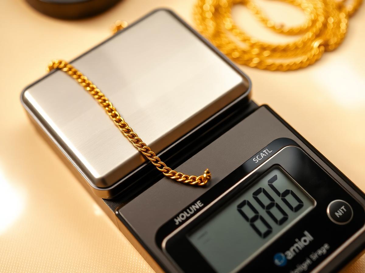 Gold chain being weighed on a jeweller's precision scale
