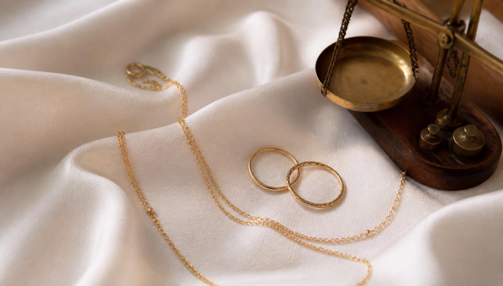 Lightweight 18KT gold chains and rings beside a brass gram scale