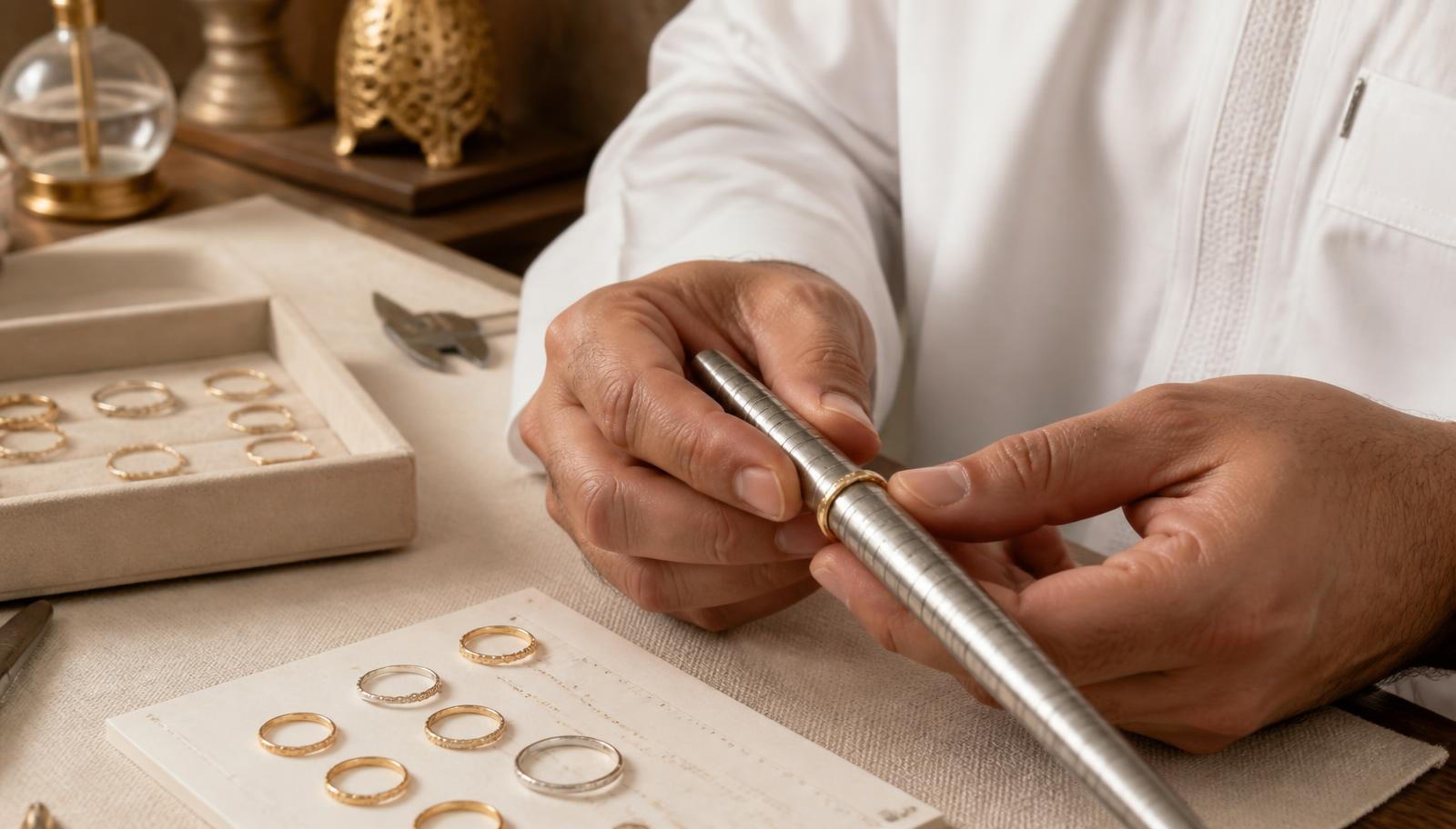 Jeweller measuring a slim gold ring on a ring sizer in a Dubai atelier