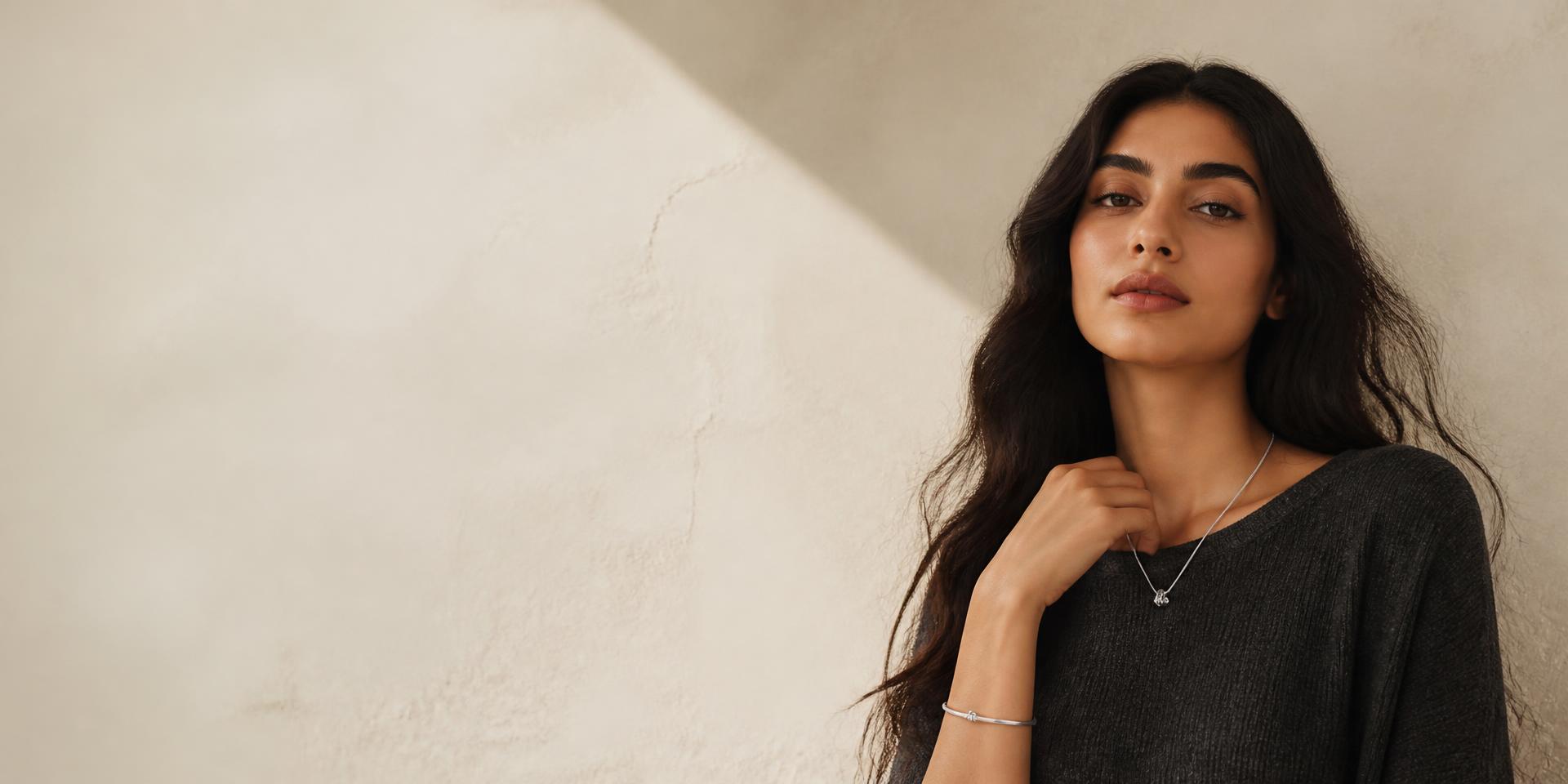 Model in warm ivory light wearing a lightweight Lunaire 925 silver pendant and bangle