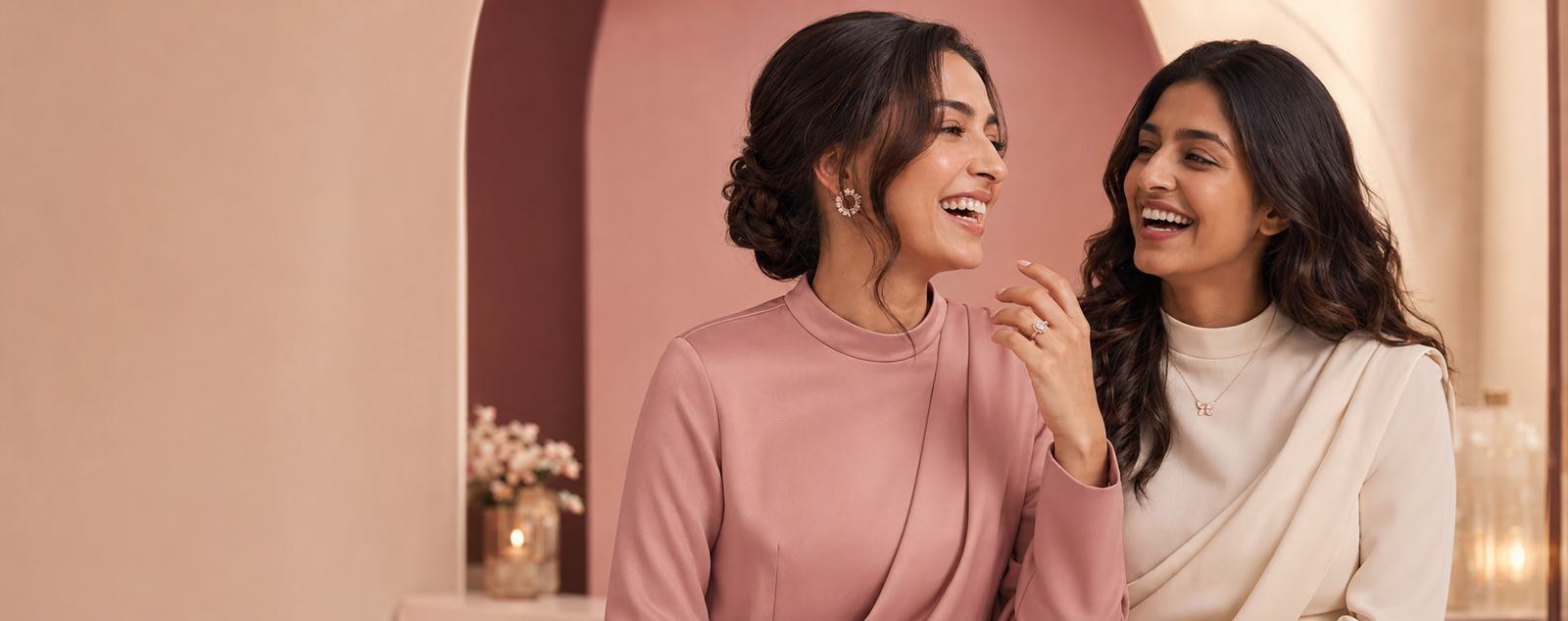 Two models wearing Solaire gold pendants and earrings in blush light