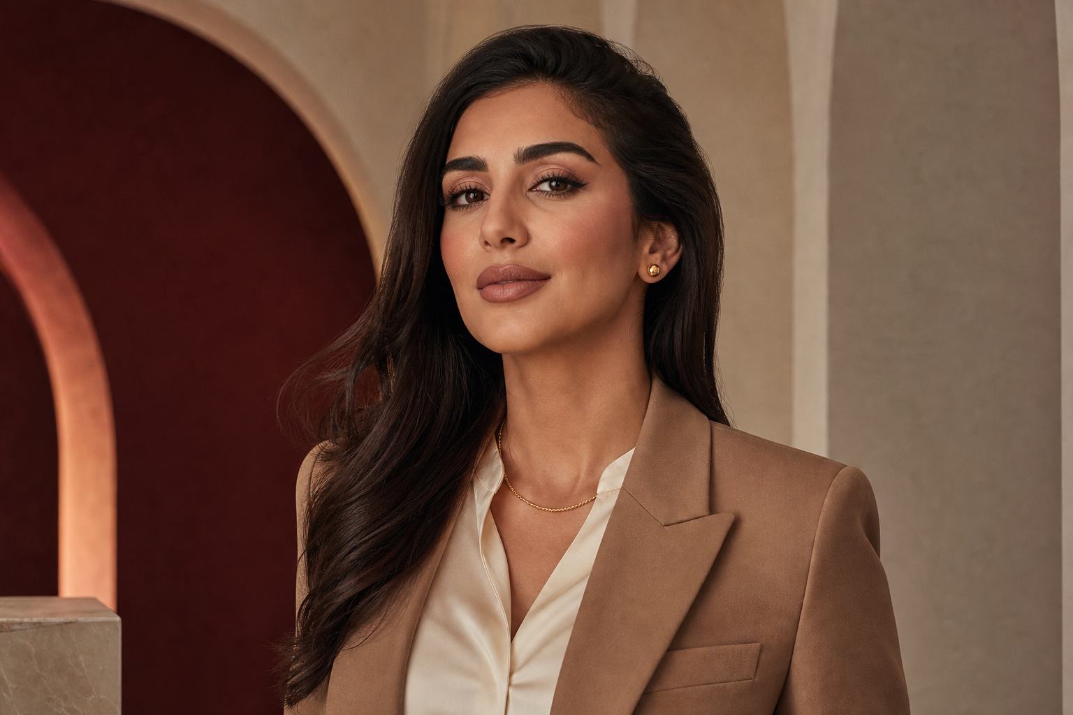Model in an ivory blouse wearing delicate Solaire 18KT gold diamond necklace and earrings against a warm cream and maroon backdrop